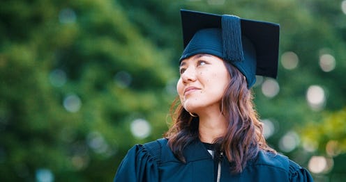University student, woman and graduation with thinking, outdoor and vision for achievement at campus...