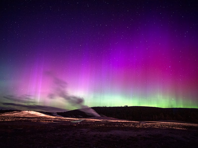 YELLOWSTONE NATIONAL PARK, WYOMING - MAY 12 The northern lights (aurora borealis) lights up the nort...