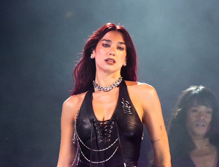 GLASTONBURY, ENGLAND - JUNE 28: Dua Lipa performs as she headlines the Pyramid stage during day thre...
