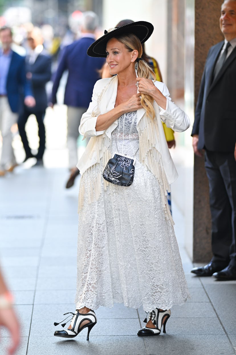 Sarah Jessica Parker is seen on the set of "And Just Like That..." outside Tiffany & Co. Landmark in...