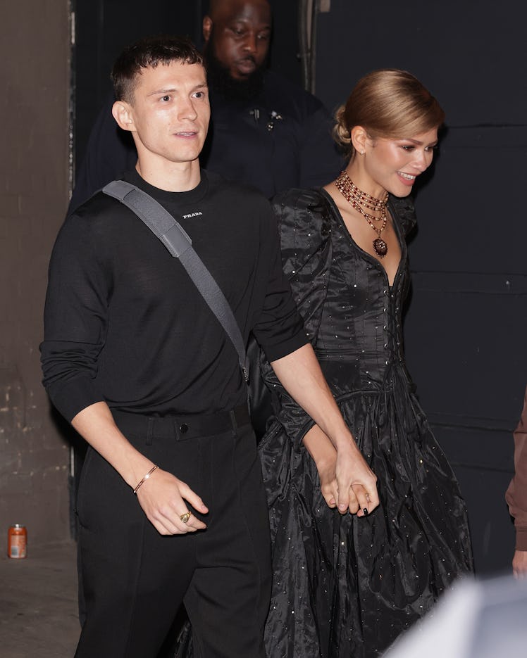 LONDON, ENGLAND - MAY 23:  Tom Holland and Zendaya are seen leaving The Duke of York's Theatre after...