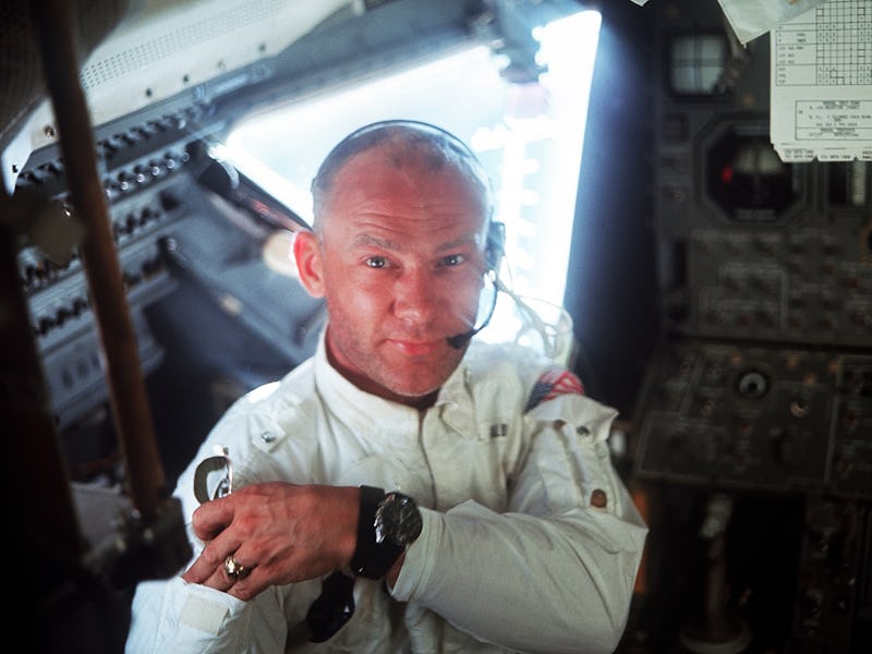 This interior view of the Apollo 11 Lunar Module (LM) shows astronaut Edwin E. Aldrin Jr., lunar mod...