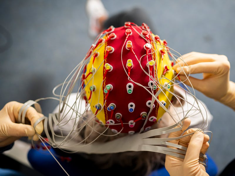 29 April 2024, Thuringia, Jena: A test subject wears an EEG cap. Employees attach the electrodes for...