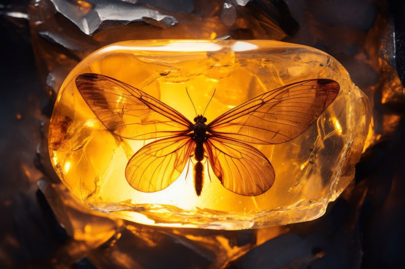 Baltic amber with trapped insect. Animal preserved in piece of amber. Macro photography of gemstone....
