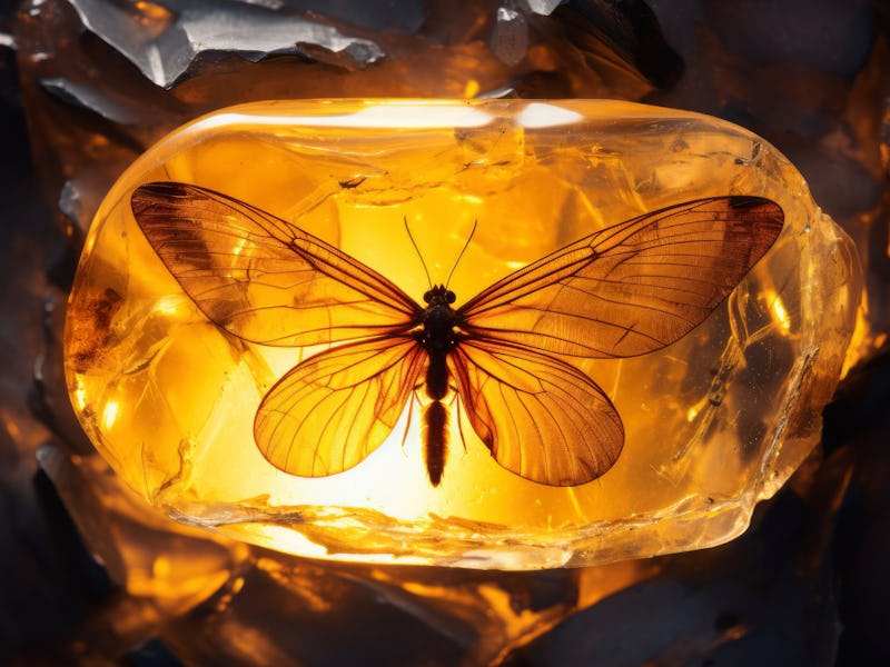 Baltic amber with trapped insect. Animal preserved in piece of amber. Macro photography of gemstone....