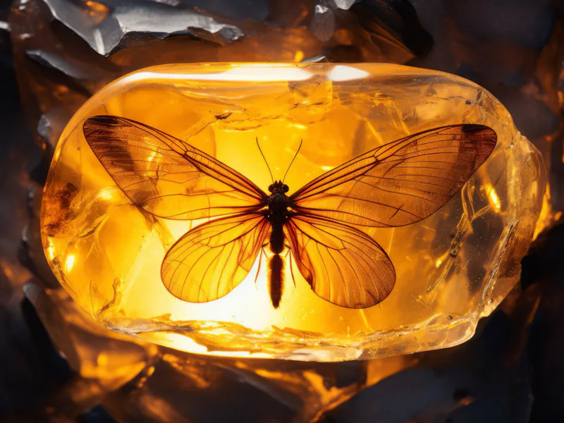 Baltic amber with trapped insect. Animal preserved in piece of amber. Macro photography of gemstone....