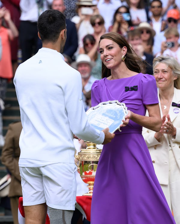 LONDON, ENGLAND - JULY 14: Catherine, Princess of Wales presents the runner up trophy to Serbia’s No…