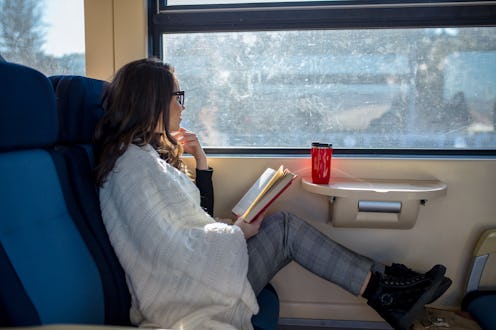 Enjoying travel. Young pretty woman traveling by the train near the window. Train Concept.