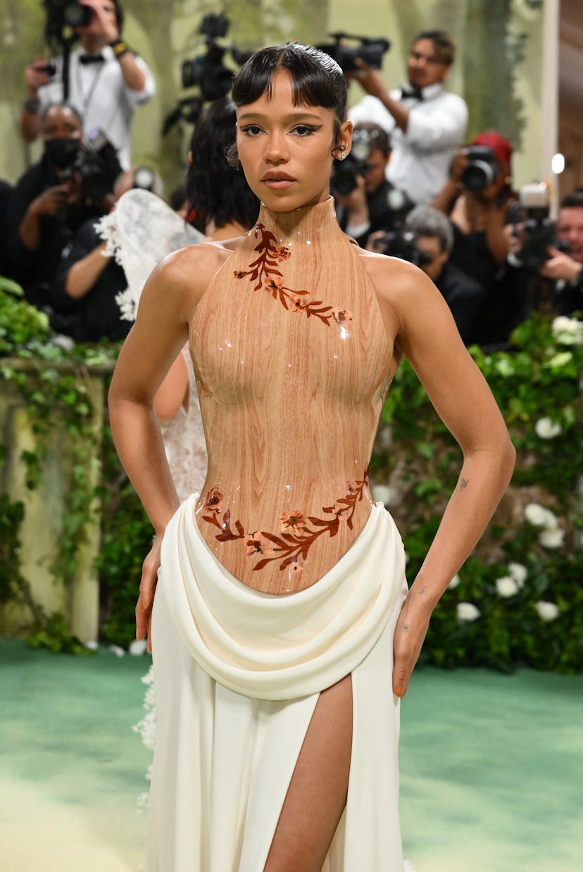Canadian actress Taylor Russell arrives for the 2024 Met Gala at the Metropolitan Museum of Art on M...