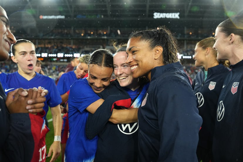 USWNT players Mallory Swanson, Rose Lavelle, and Catarina Macario ahead of the 2024 Paris Olympics.