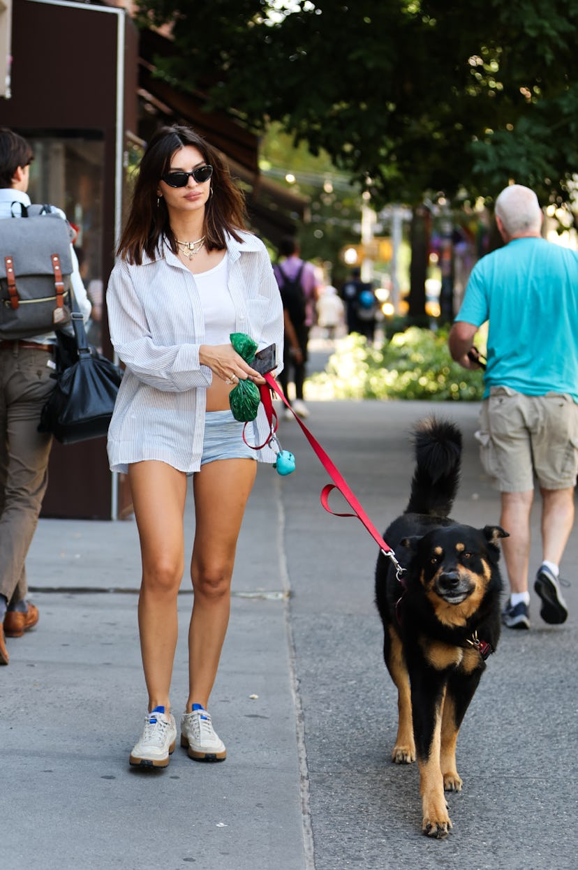 Emily Ratajkowski’s dog-walking underwear look