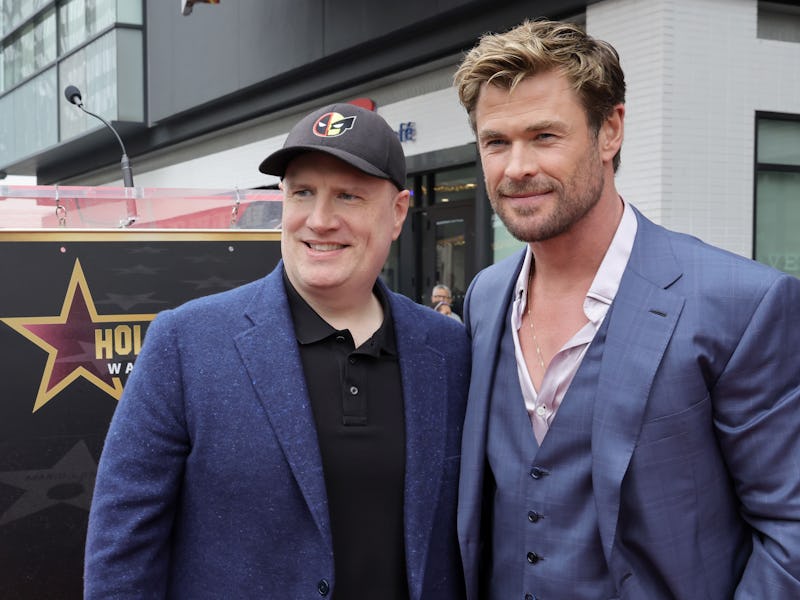 HOLLYWOOD, CALIFORNIA - MAY 23: (L-R) Kevin Feige, President, Marvel Studios and Chris Hemsworth att...