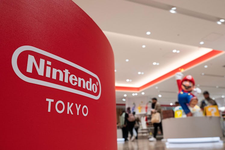 This photo taken on May 8, 2023 shows the logo for Japanese gaming giant Nintendo at the company's o...