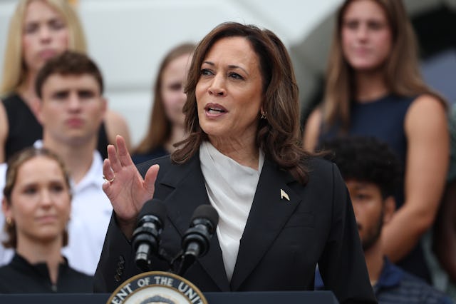 US Vice President Kamala Harris speaks on the South Lawn of the White House in Washington, DC, US, o...