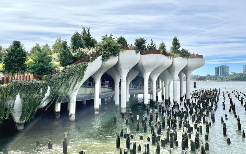 Right side of Manmade Little Island on Hudson River, New York, NY. Visitors enter tulip-like structu...