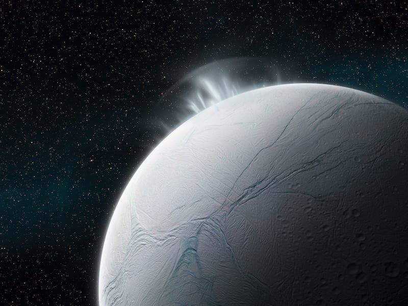 Illustration of vapour plumes erupting from the surface of Enceladus, Saturns sixth largest moon, cr...
