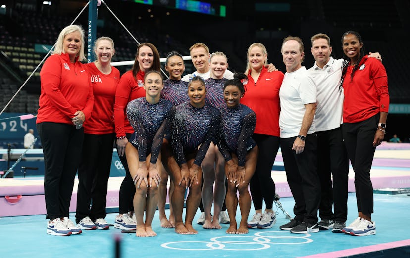 Team USA’s Sunisa Lee, Jade Carey, Hezly Rivera, Jordan Chiles, and Simone Biles prepare for the Par…