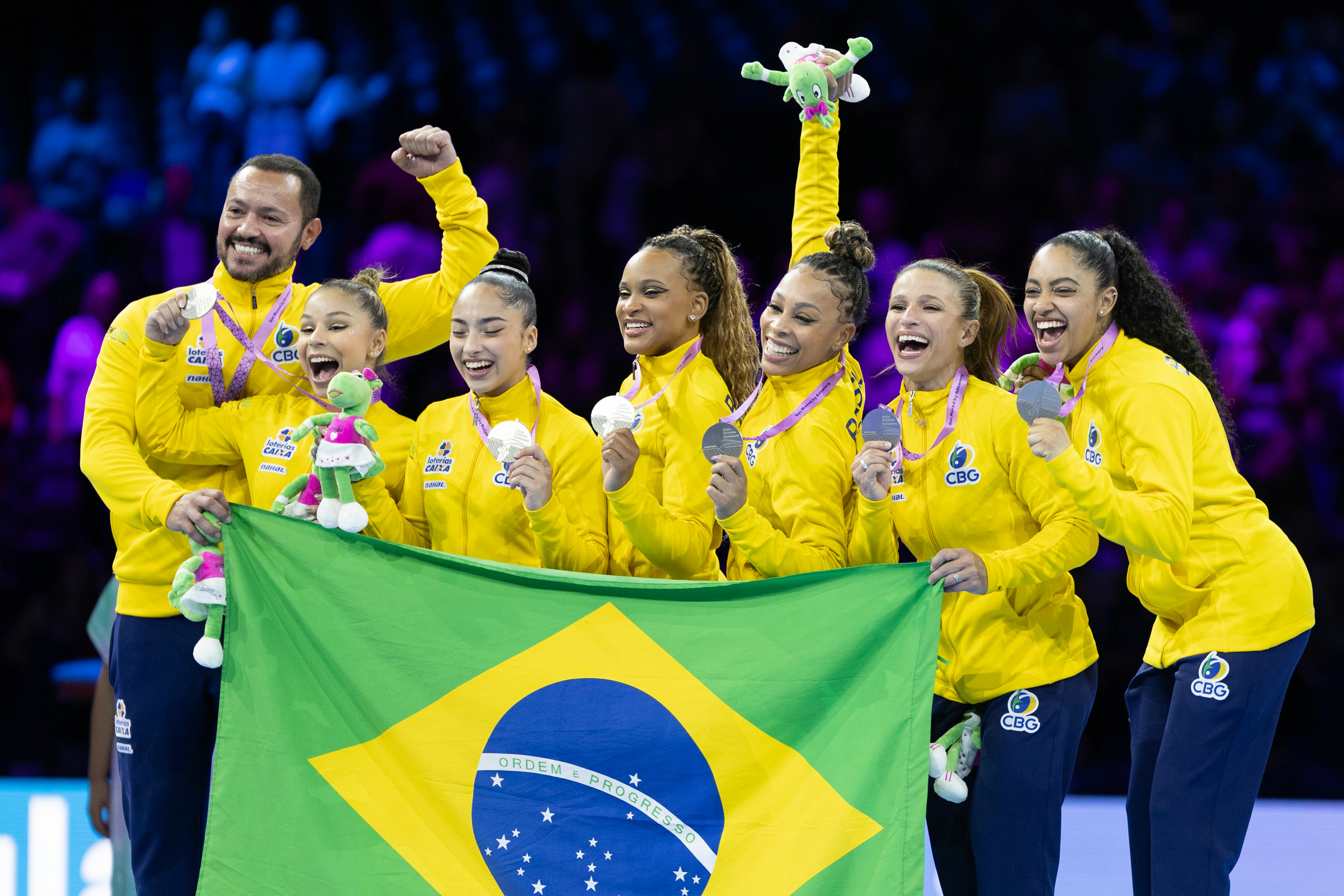 ANTWERP, BELGIUM - October 04:  The Brazil team on the podium with their silver medals after the Wom&hellip;