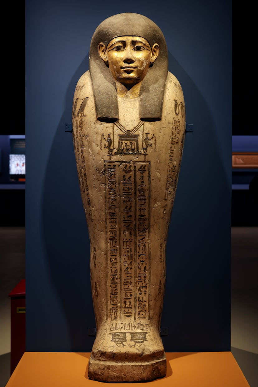 shanghai china july 18 SHANGHAI, CHINA - JULY 18: The Anthropoid sarcophagus lid (332-30 BCE) is displayed at the 2024 Shan...