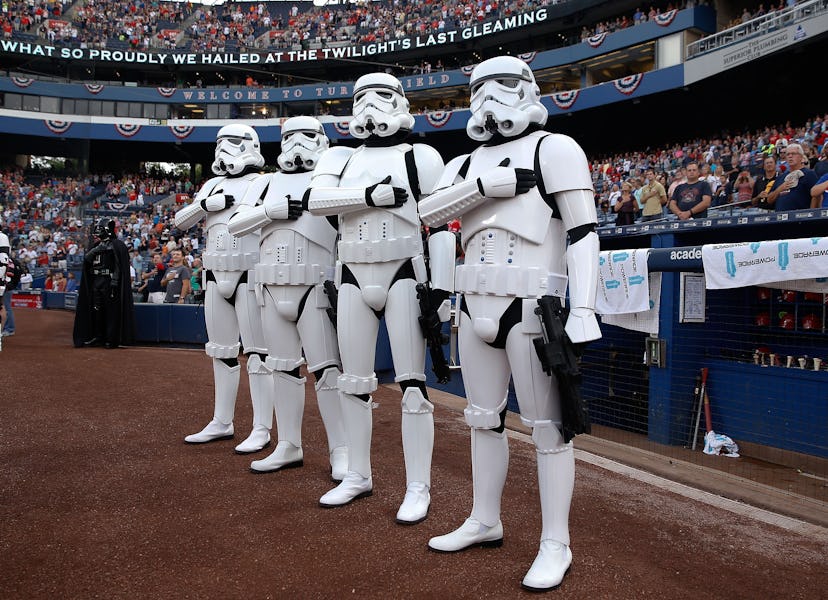 atlanta ga july 03 ATLANTA, GA - JULY 03: Stormtroopers and Darth Vader (left) pause for the national anthem during St...