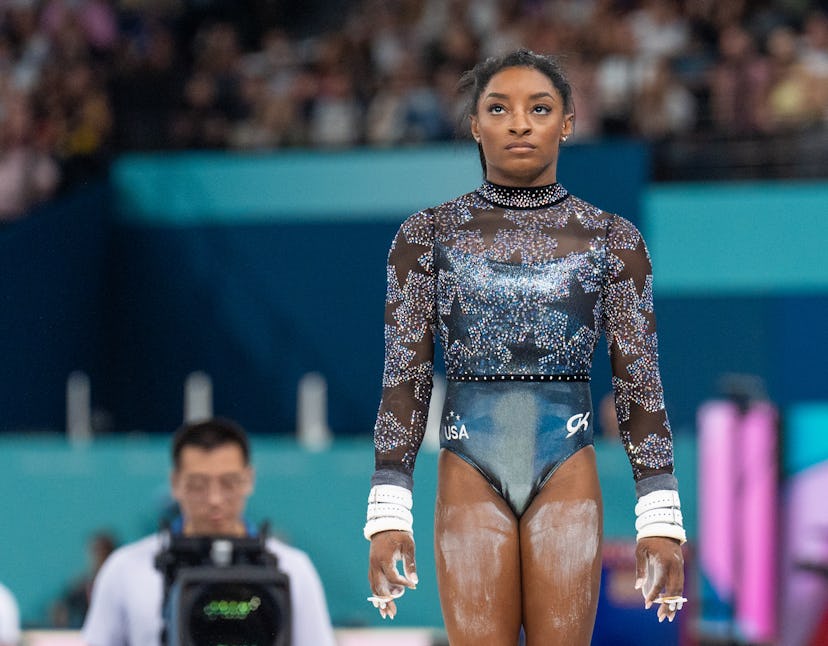Simone Biles from Team United States competes in the women’s gymnastics at the Bercy Arena during th…