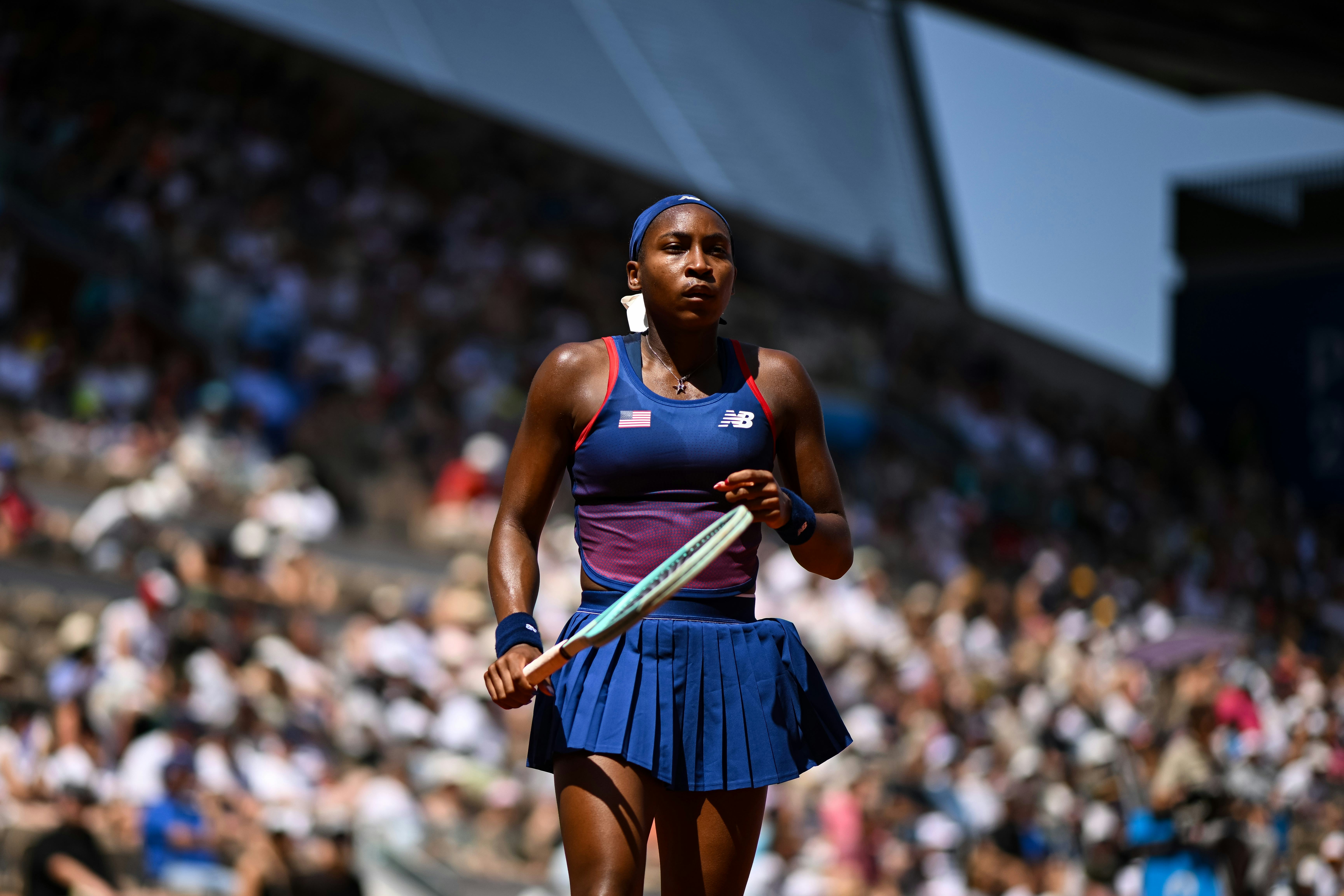 Coco Gauff of the United States reacts against Maria Lourdes Carle of Argentina.