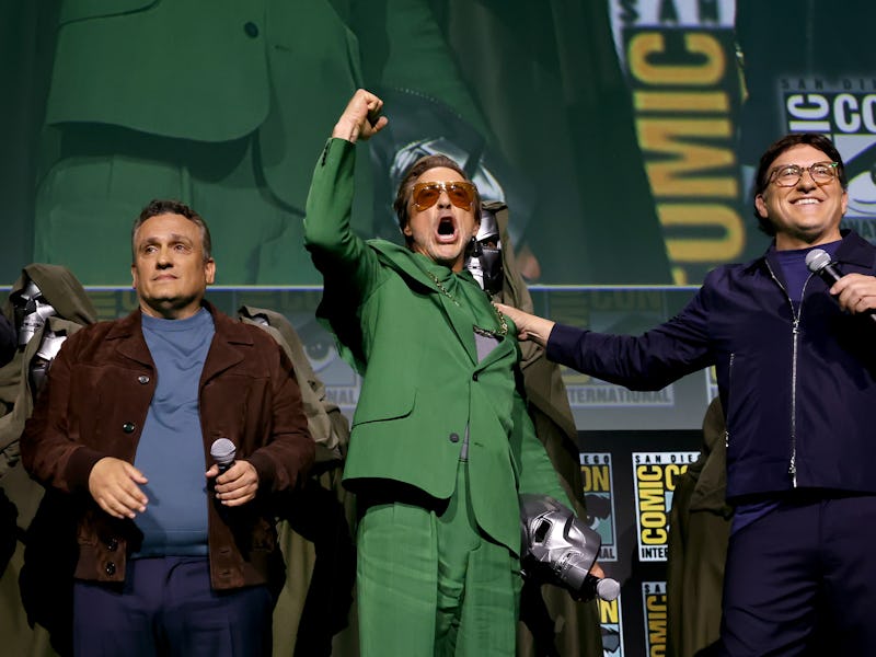 SAN DIEGO, CALIFORNIA - JULY 27: (L-R) Joe Russo, Robert Downey Jr. and Anthony Russo speak onstage ...