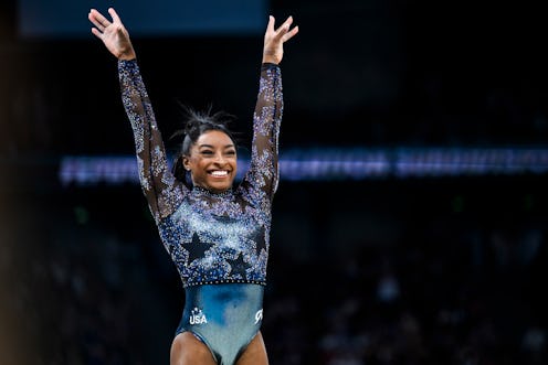 Simone Biles from Team USA wearing a bedazzled uniform on qualifying day.