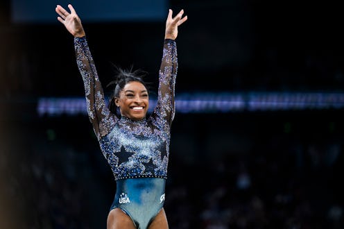Simone Biles from Team USA wearing a bedazzled uniform on qualifying day.
