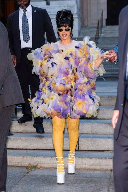 Cardi B wears a floral mini to attend the Marc Jacobs fashion show at the New York Public Library on...