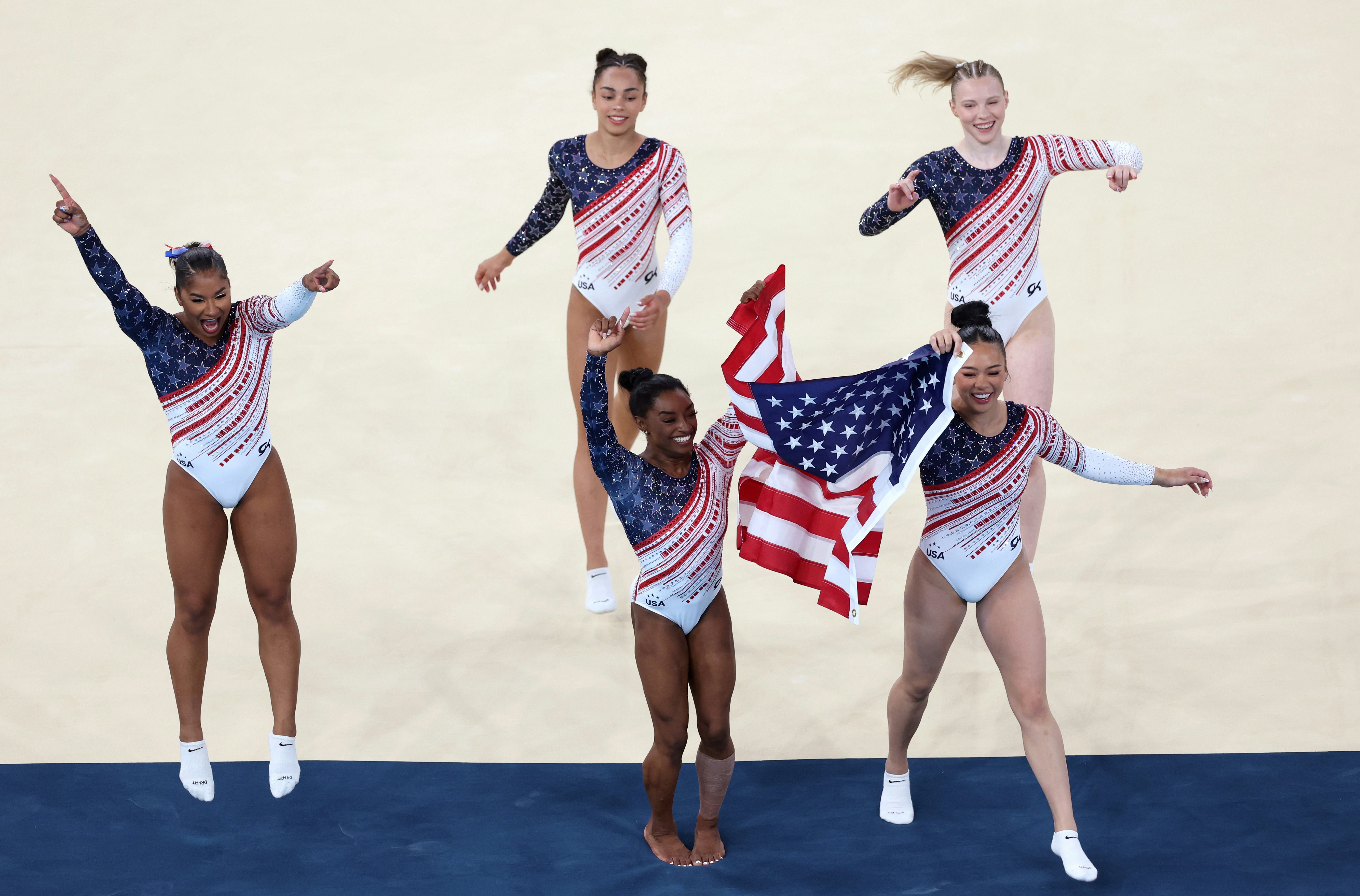 Jordan Chiles, Hezly Rivera, Simone Biles, Sunisa Lee, and Jade Carey win the gold medal during the &hellip;
