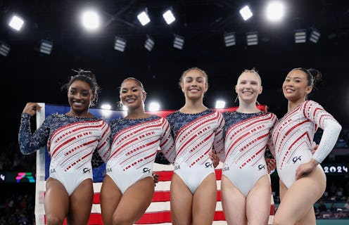 PARIS, FRANCE - JULY 30: (L-R) Simone Biles, Jordan Chiles, Hezly Rivera, Jade Carey and Sunisa Lee ...