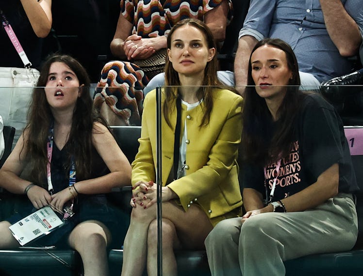 US-Israeli actress Natalie Portman (C) attends the artistic gymnastics women's team final during the...