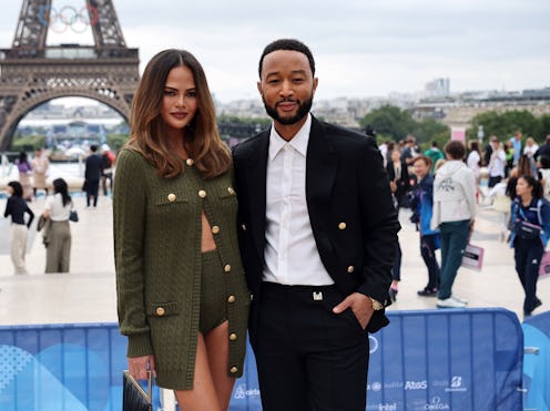 Chrissy Teigen wore olive green micro shorts to the Olympics.