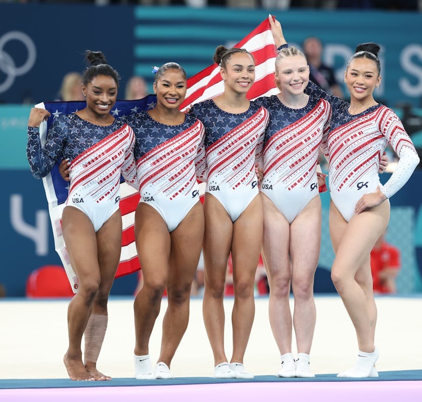 Simone Biles, Suni Lee, Jordan Chiles, Jade Carey, and Hezly Rivera at the 2024 Paris Olympics