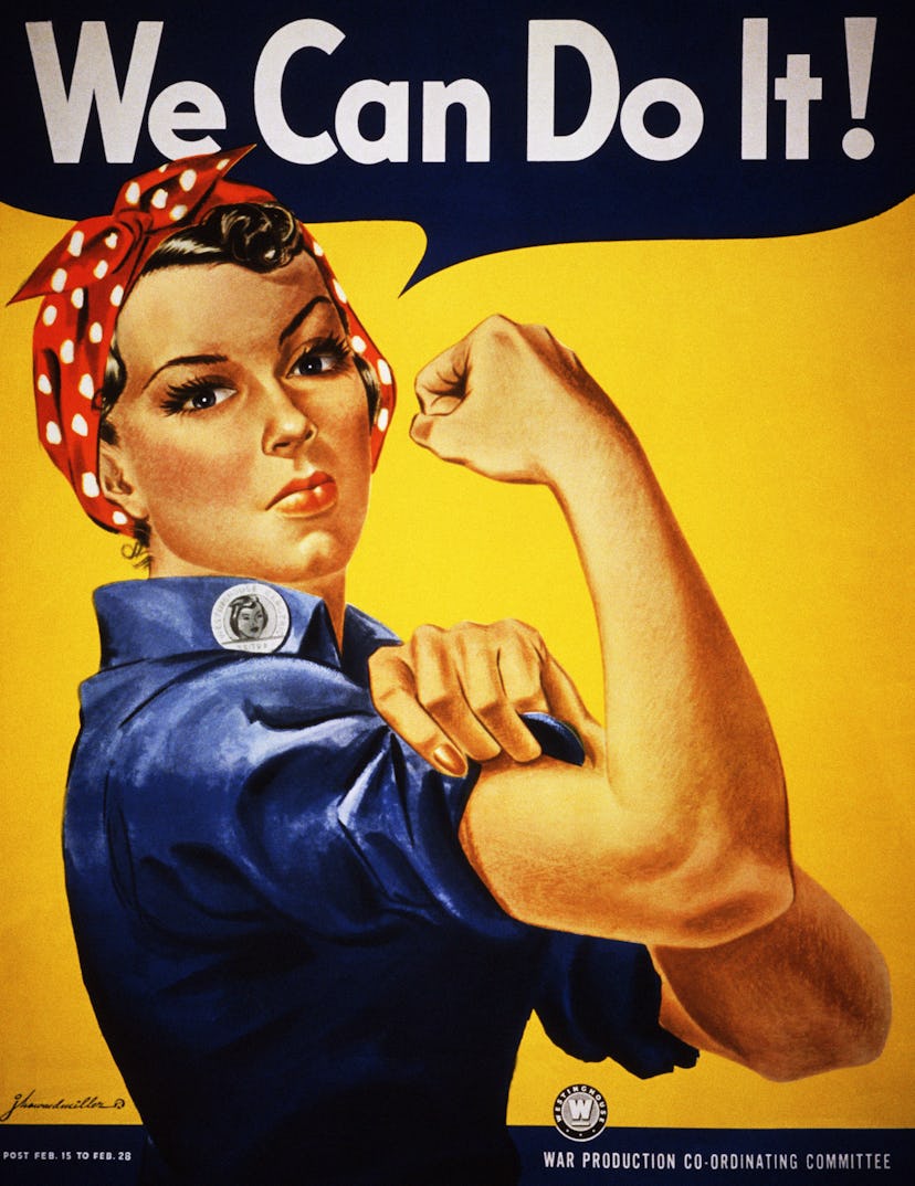 A World War II color poster depicting “Rosie the Riveter” encourages American women to show their st…