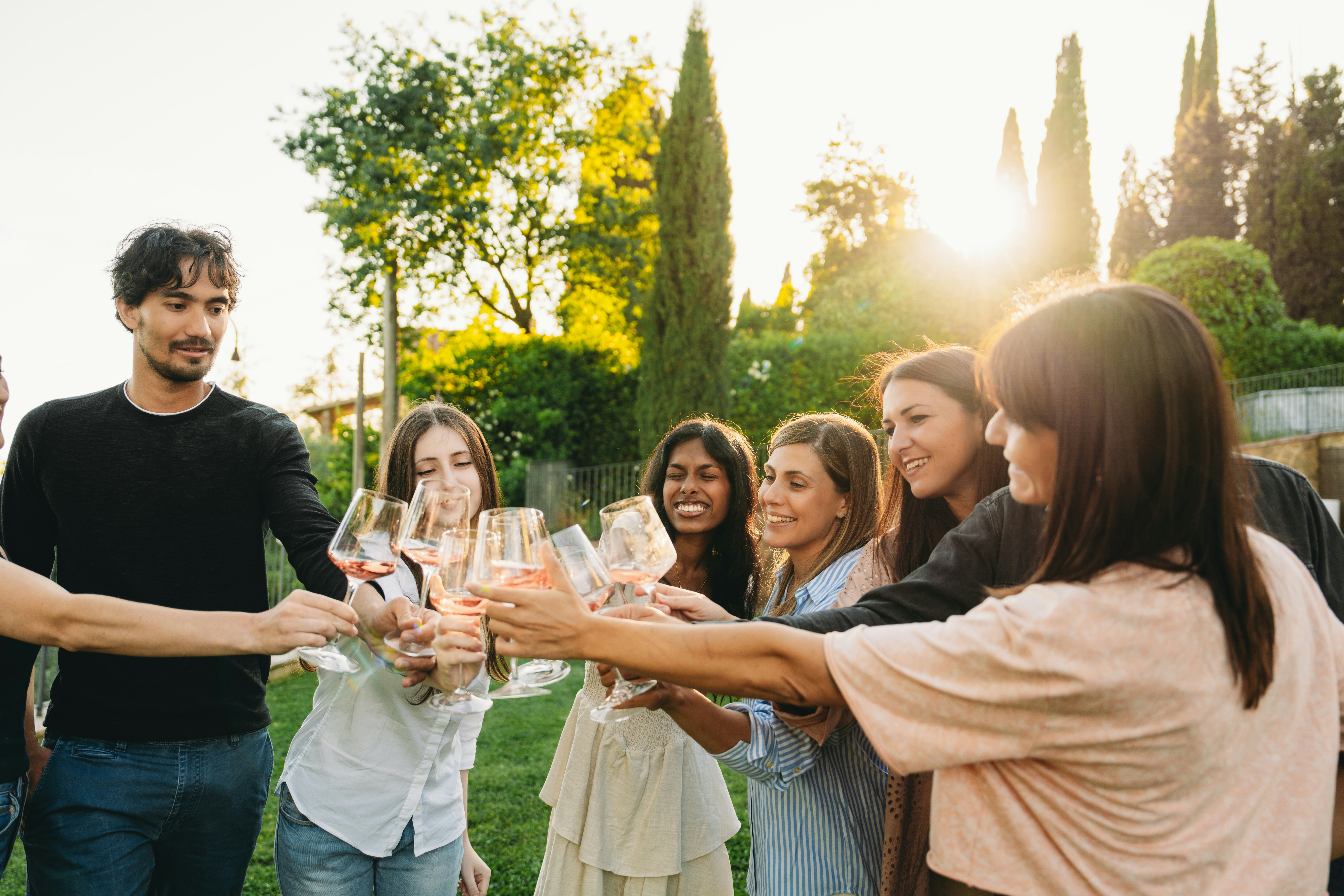 Group of friends toasting with glasses at a party in a garden at sunset