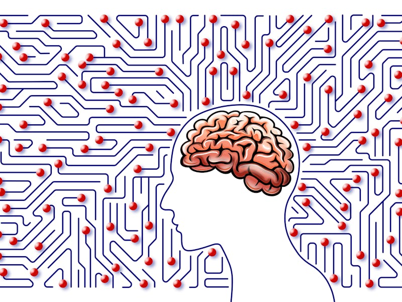 Human head with brain and circuit board of artificial intelligence