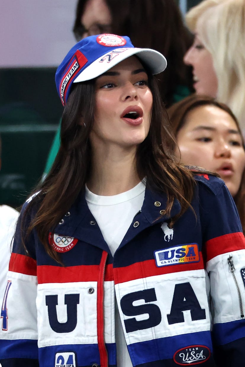 Kendall Jenner looks on during the Artistic Gymnastics Women's All-Around Final on day six of the Ol...