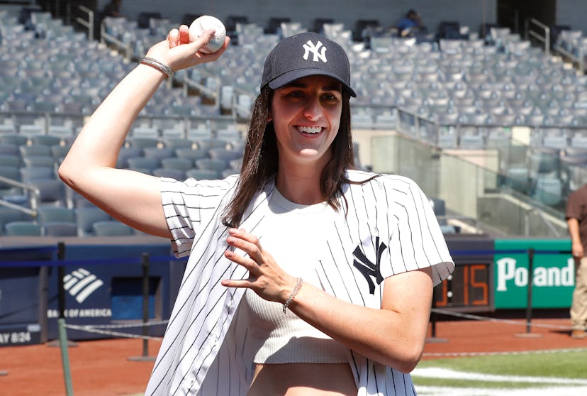 Caitlin Clark of the Indiana Fever attends a game between the New York Yankees and the Texas Rangers…