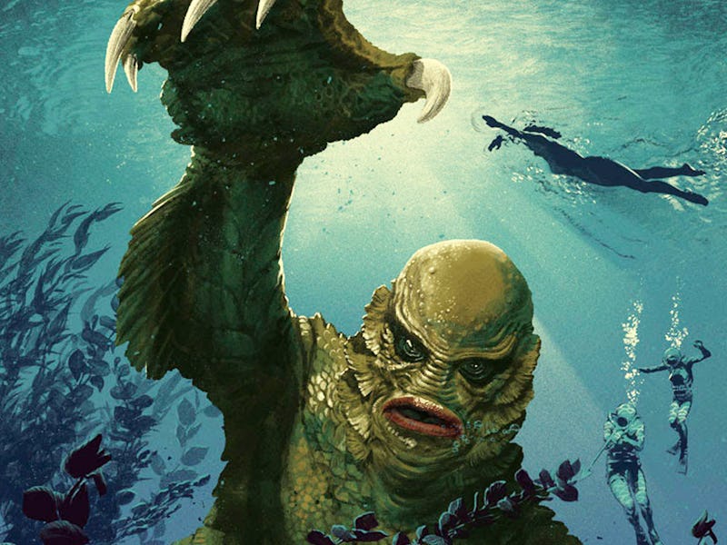 Artwork for the 1954 horror film 'Creature From The Black Lagoon', depicting the titular monster und...