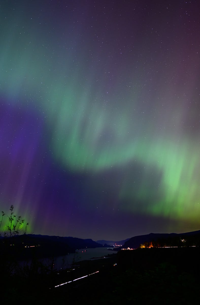 LATOURELL, OREGON - MAY 11: The Northern Lights are seen above the Columbia River Gorge from Chantic...