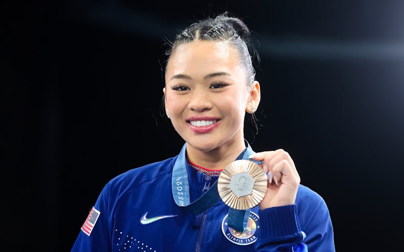 PARIS, FRANCE - AUGUST 01: Sunisa Lee of USA shows off her Bronze Medal during the Paris 2024 Olympi...