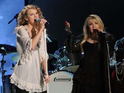 Musicians Taylor Swift and Stevie Nicks perform onstage during the 52nd Annual GRAMMY Awards held at...