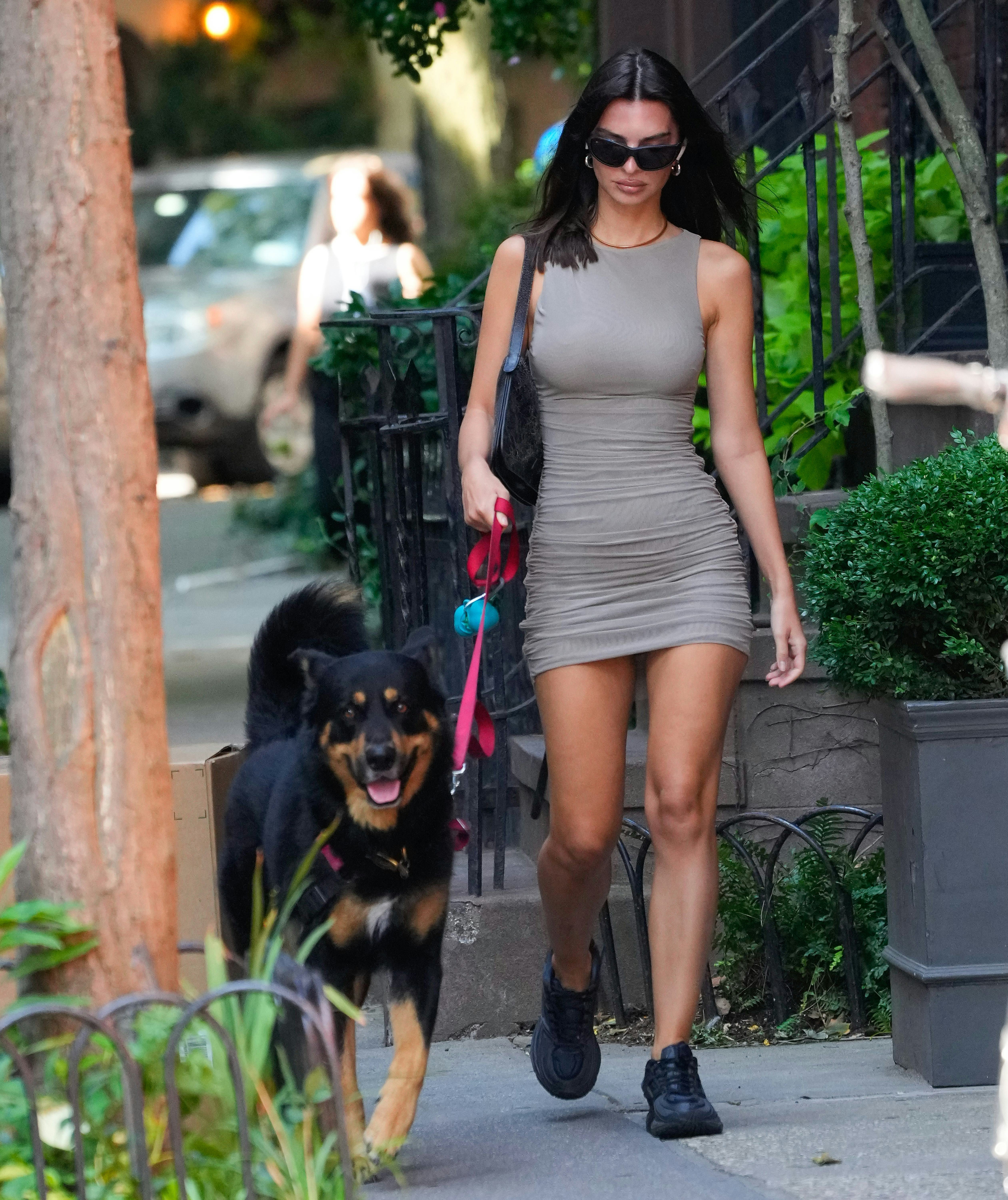 Emily Ratajkowski is seen walking her dog on August 21, 2024 in New York City.