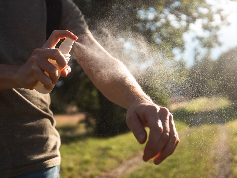 Prevention against mosquito bite during sunny summer day. Man is applying insect repellent on his ha...