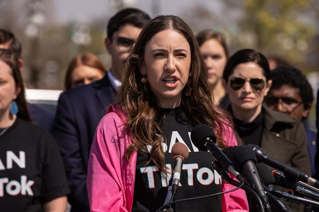 Chaya Raichik, creator of the TikTok account LibsOfTiktok, speaks during a news conference outside t...