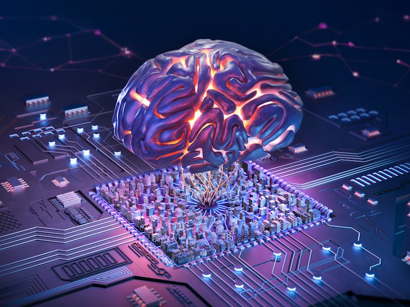 A striking, digitally generated image showcasing a human brain connected to an intricate circuit boa...
