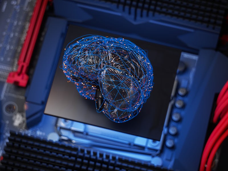 Artificial Intelligence Concept, Human Brain Model With Blue Plexus Lines And Red Connection Dots On...