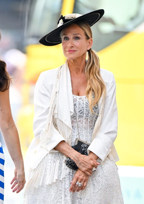 Sarah Jessica Parker is seen on the set of "And Just Like That..." outside Tiffany & Co. Landmark on...